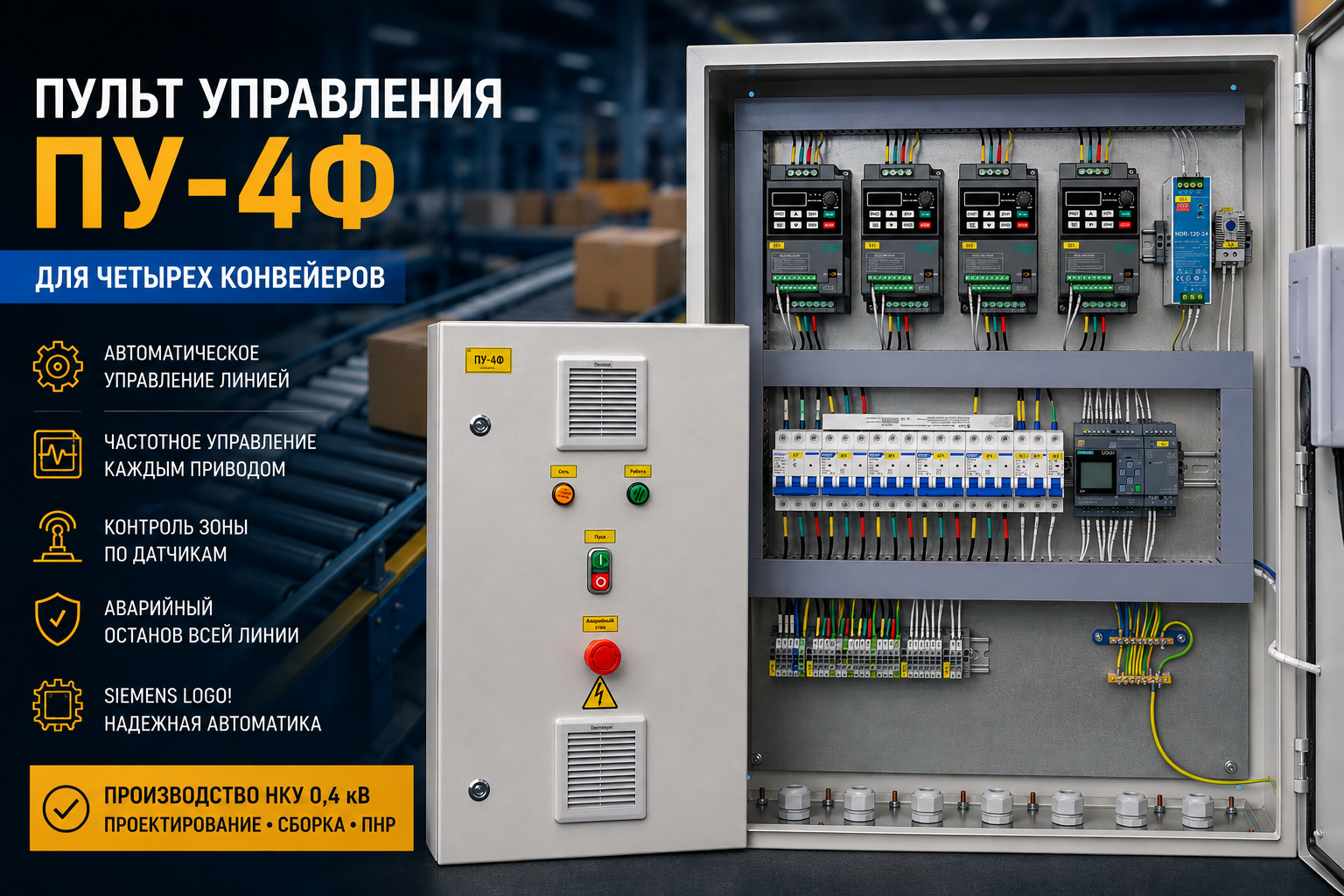 Пульт управления ПУ-4Ф для автоматизации четырех конвейеров