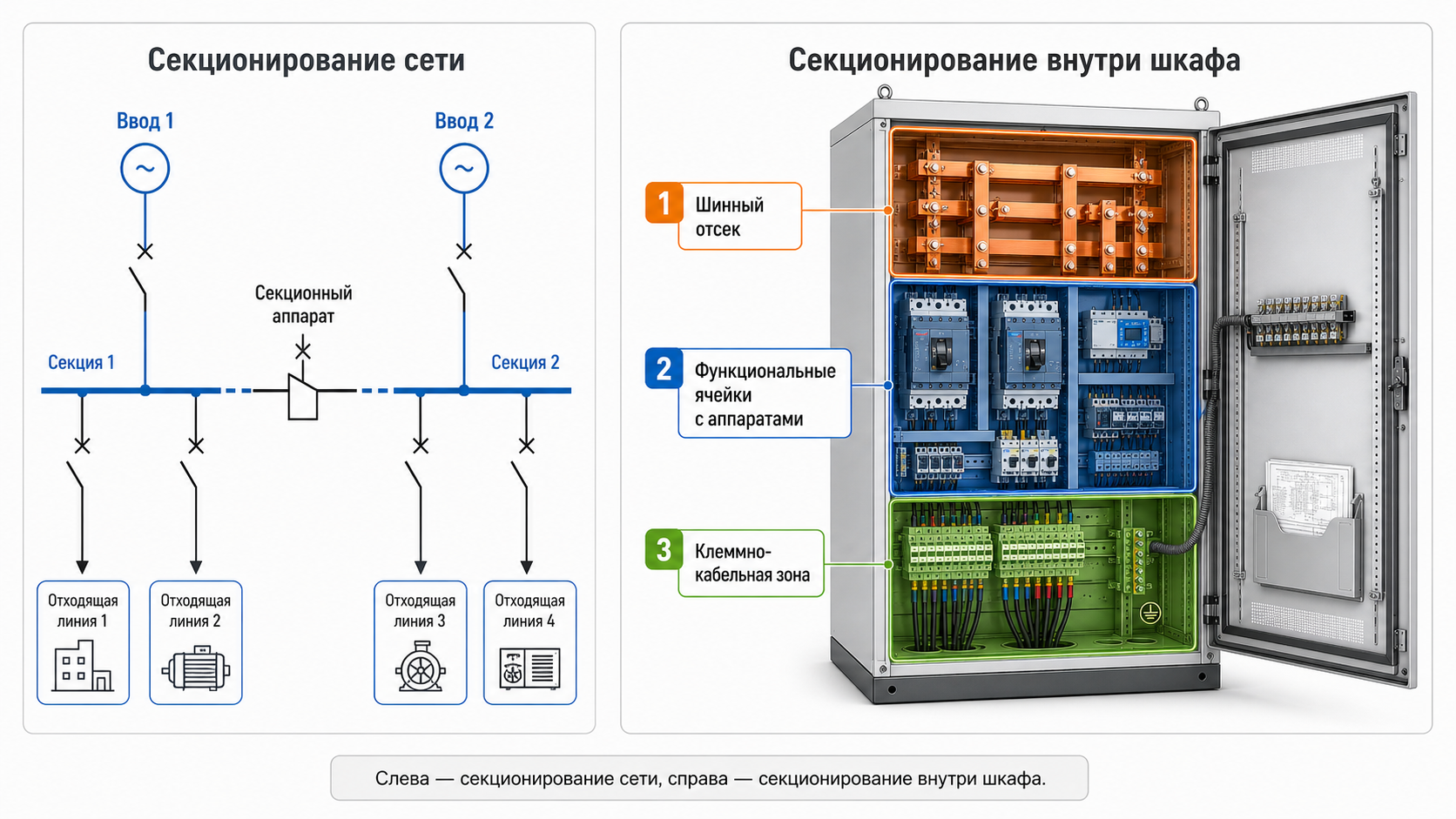 сравнительную схему: слева — секционирование сети с вводами, секционным аппаратом и отходящими линиями; справа — секционирование внутри шкафа с разделением шин, аппаратов и клемм.